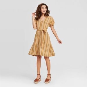 Universal Thread Stripe Button Tie Dress Mustard